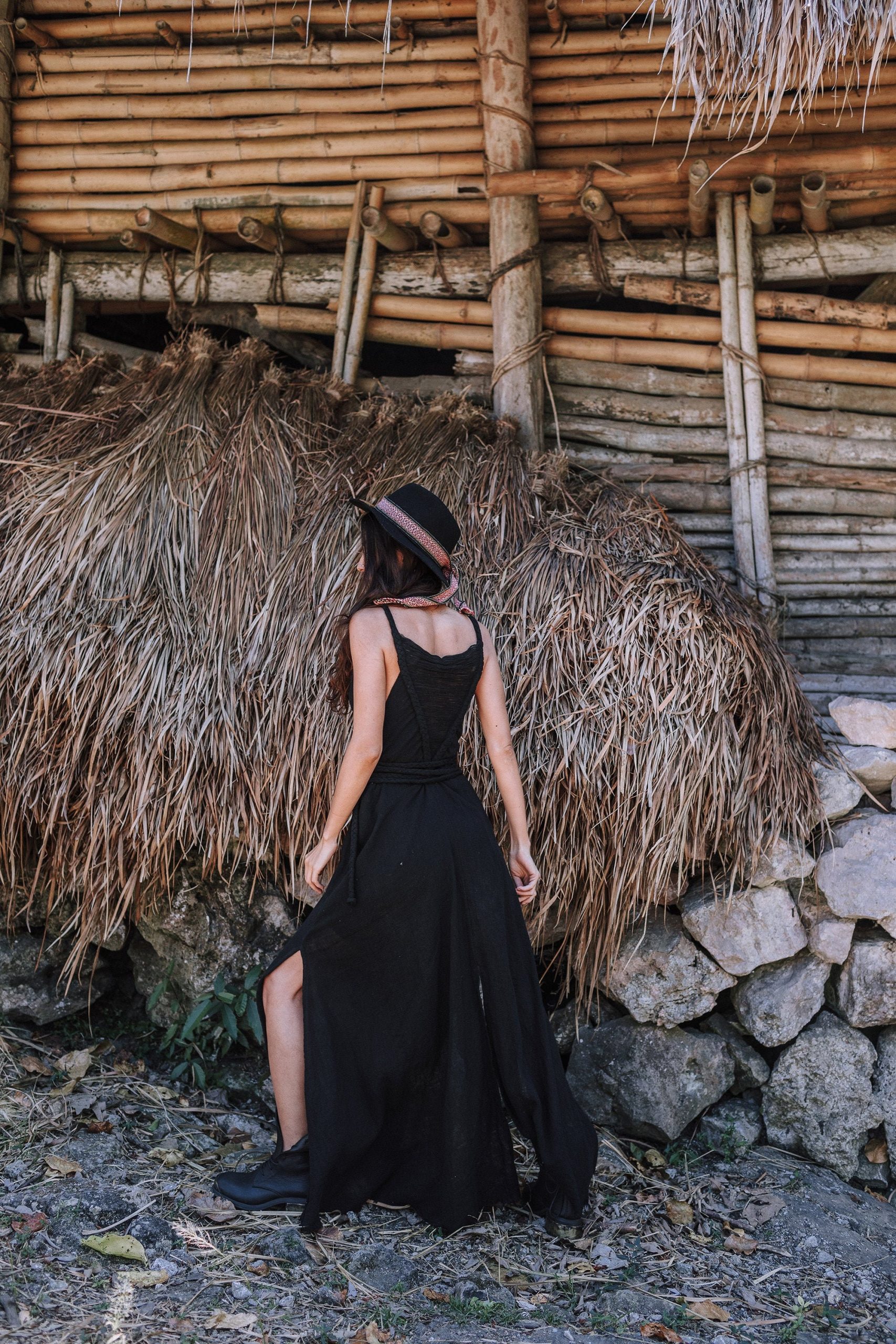 Black Boho Goddess Dress Gypsy Priestess Back Laces Black Boho Goddess Dress Gypsy Priestess Back Laces